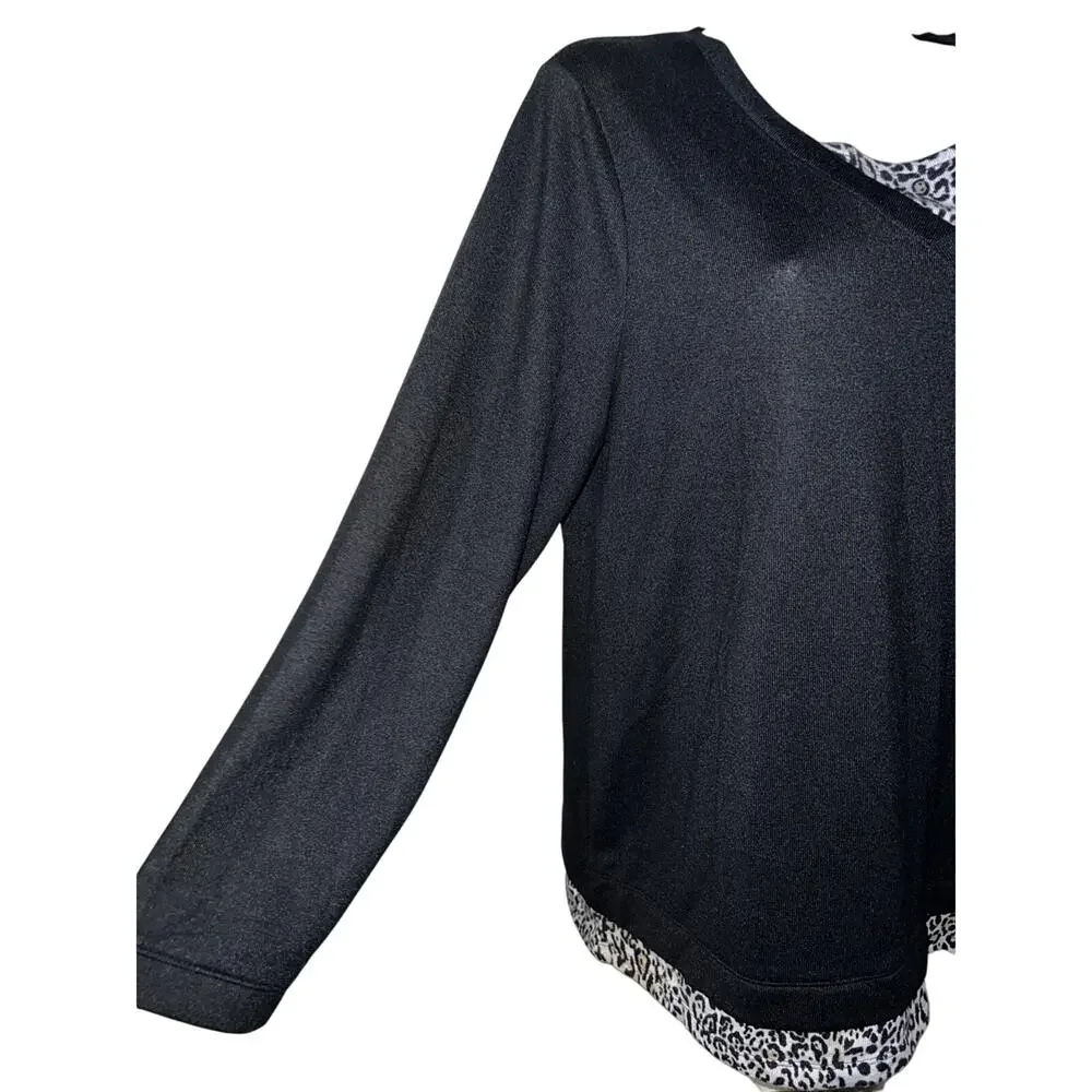 Weekends Chicos Sweater XL (3) Black Lagenlook W/Animal Print Hem LS Knit Top